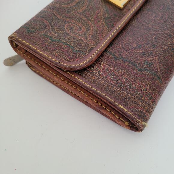 Etro Vintage Brown Paisley Medium Leather Wallet Logo Italian Trifold Zip Fair - Picture 13 of 15